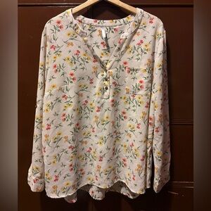 DNA Couture Floral Long Sleeve Blouse with Red and Yellow Accents